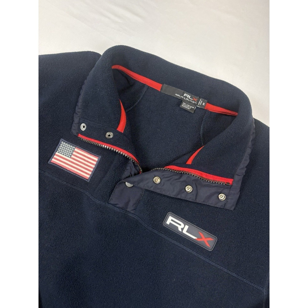 Ralph Lauren RLX 1/4 Snap Pullover Fleece Sweatshirt USA Flag Navy Blue Mens XL
